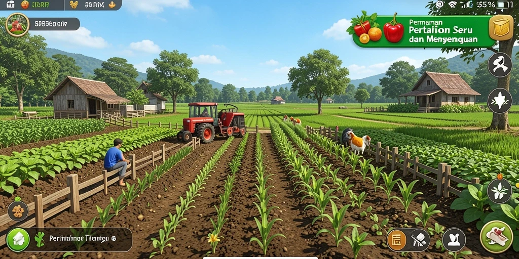 Screenshot gameplay 55RP yang menunjukkan aktivitas bertani yang seru.