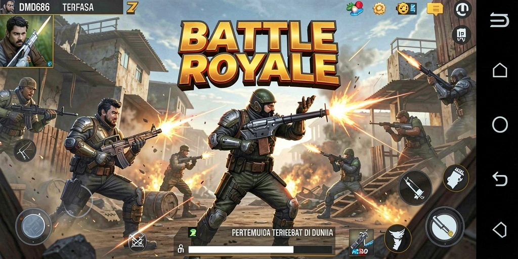 Screenshot DMD686 menampilkan aksi seru dalam pertempuran Battle Royale.