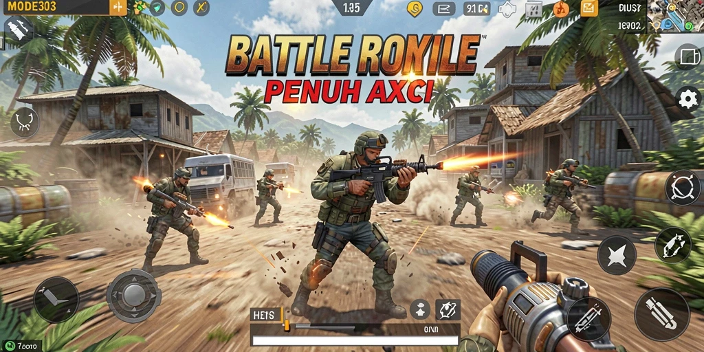 Screenshot gameplay MODE303 menampilkan aksi Battle Royale yang intens.
