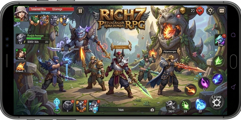 Tampilan menarik dari gameplay RPG RICH7 dengan pertarungan yang seru.